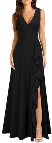 MUSHARE Women's V Neck Sexy Split Cocktail Dress with Pockets Ruffle Party Long Formal Dress Black