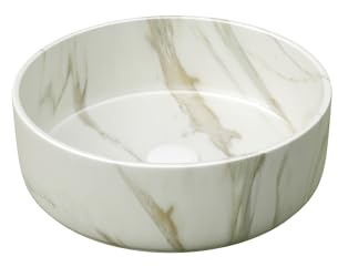 HaoChrymec Lavabo da Appoggio Rotondo con Ceramica, Finitura a Grana di Pietra con Superficie Resistente, Lavabo Rotondo da Appoggio, Lavandino in Ceramica, Bianco Opaco Pietra, 36x36x12 cm