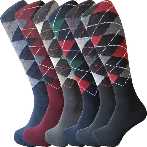 ZombaFlo Mens Knee High Socks - Breathable & Cotton Rich Everyday Long Socks Mens | Argyle Design Long Socks 6-11 UK