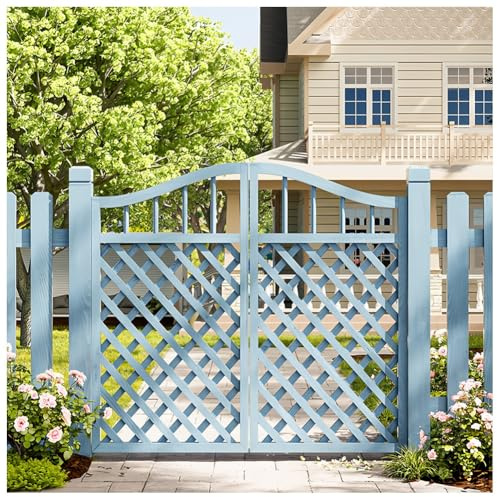 Outdoor Wood Fence Gate, Vegetable Garden Wooden Gate Curved Top Design Outdoor Patio Fence Guardrail with Iron Feet Suitable for Concrete(Blue,120x90 cm/47.2x35.4)