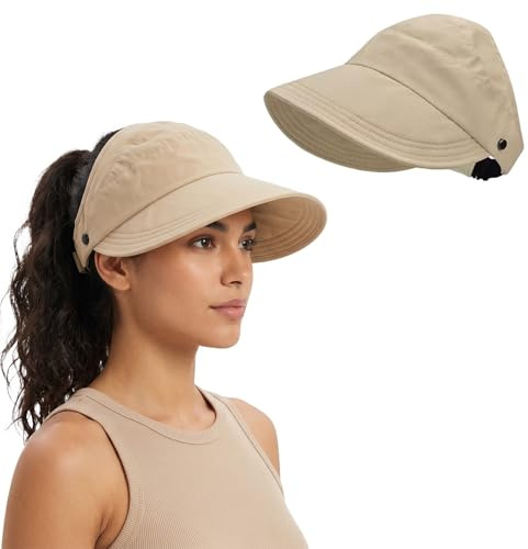 ZUWIJEQ capello donna estivo UPF 50+ Cappello Sole Donna Pieghevole e Anti UV per Mare, cappello trekking donna, Cappello Visiera Parasole Regolabile con Foro per Coda, cappellino donna estivo, Khaki