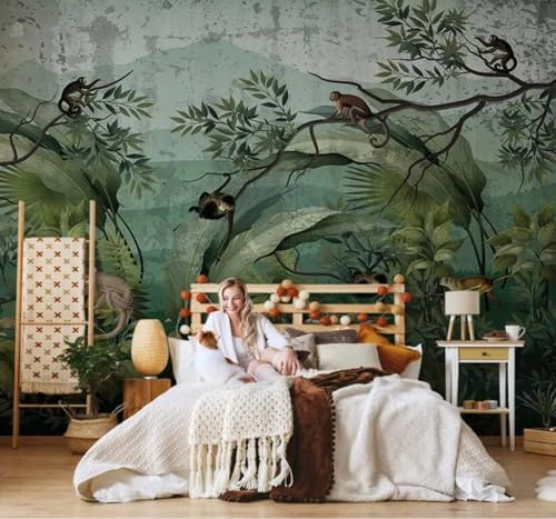 XLMING Singe Rétro De La Forêt Verte 3D Papier Peint Premium Texturé Soie Bureau Salle à Manger Salon Chambre Coucher Canapé TV Mur-200cm×140cm