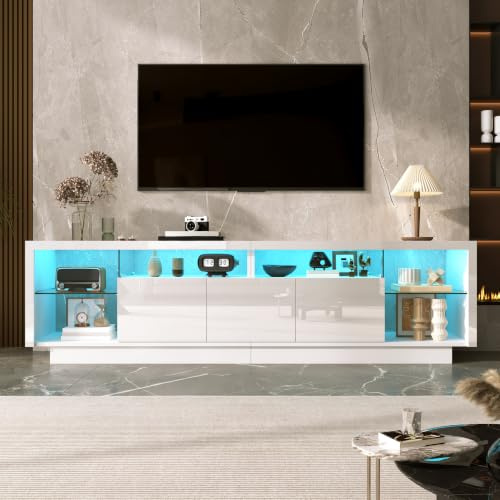Easexcy TV-Lowboard 200cm Weiß Hochglanz Fernsehschrank mit LED-Beleuchtung, Glasablagen, geschlossenen Schränken & viel Stauraum für Wohnzimmer
