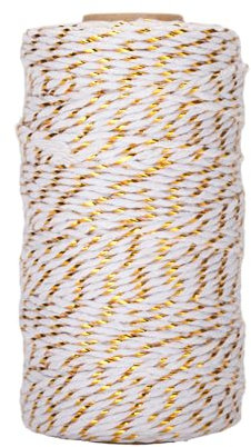 jijAcraft Ficelle de Coton Noël, Baker's Twine Corde Blanc avec Fil doré, 2mm*100M, pour l'emballage Cadeau, Décoration, Loisirs Créatifs