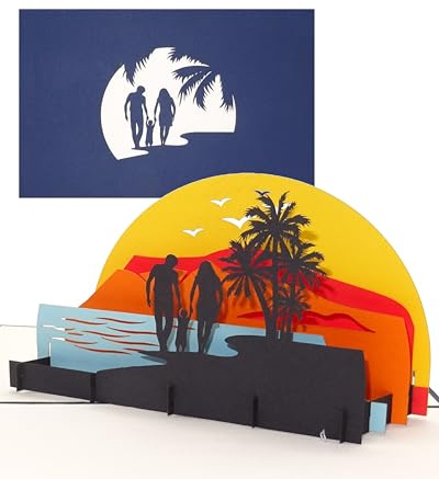 3D Pop Up Karte Familienurlaub 3D Grußkarte Strandurlaub Eltern Kind, handgefertigte Geschenkkarte, 3D Geburtstagskarten, Reisegutschein, Hotelgutscheine