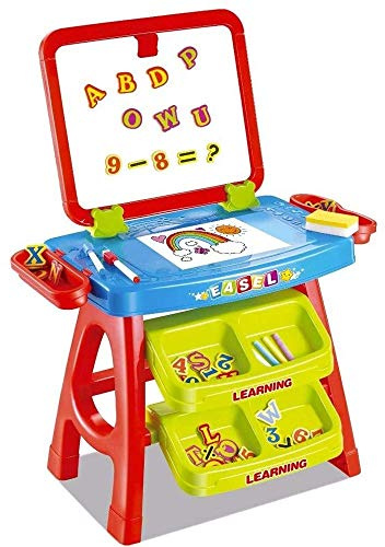 BAKAJI Magnetische Tafel für Kinder, 2 in 1, doppelter Zeichenbereich, mit Staffelei und Fächern, komplett mit Zubehör, Zahlen und Buchstaben, Maße 43 x 39,5 x 74 cm (Hellblau)