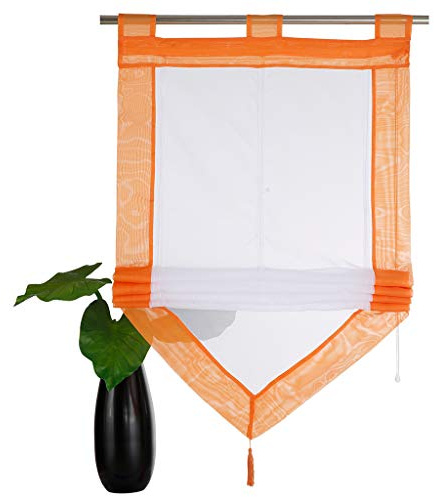 SIMPVALE - Roman Blind for Kitchen Bathroom Balcony - Liftable Transparent Voile Window Curtain with Tassel Decoration, Orange, 60x140cm