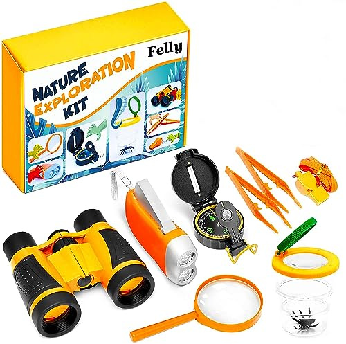 Felly Binocolo Bambini, Giochi Bambini 4 5 6 + Anni, Giocattoli per Avventurose Esplorazioni della Natura per Bambino, Avventure all’Aperto per Bambino, Fischio, Lente d'Ingrandimento, Bussola