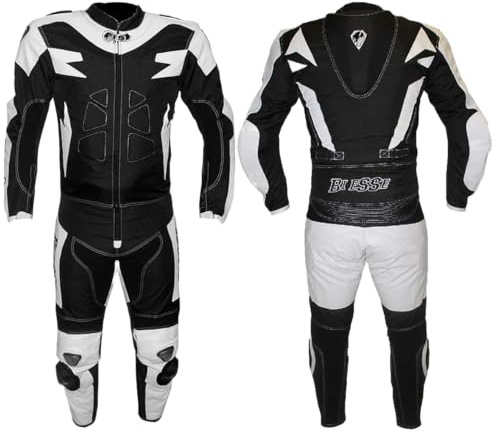 BI ESSE Motorradkombi Herren 2-teilig – Motorradanzug Leder & Textil, Jacke und Hose trennbar, verstellbar, atmungsaktiv, Touring & Racing geeignet (Weiß/Schwarz, L)