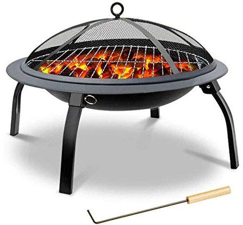 RANRANHOME Feuerschale Feuerstelle Feuerkorb Für Holz Und Holzkohle, Multifunktional Fire Pit Für Heizung/BBQ, Mit Funkenschutz, Schürhaken, Grill Und Carrying Cover Für Camping Picknick Garten