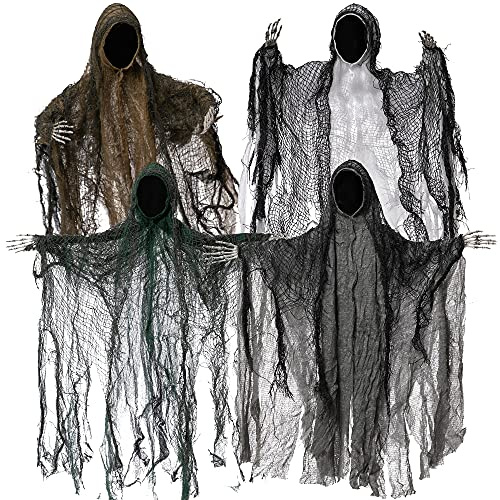 JOYIN 4er-Pack 48 cm große Halloween-Geisterdekoration zum Aufhängen, gesichtsloses Sensenmann-Set mit beweglichen Armen in dunkler Horrorrobe für Dekorationen, Displays und Spukhaus-Dekorationen