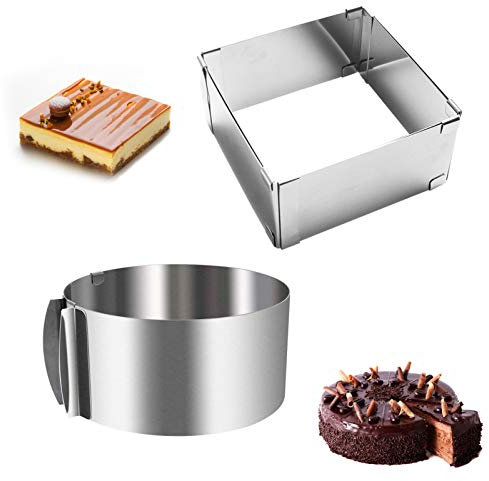 2 pack Cake Ring Mould with Scaling,Leak-Proof,Food-Safe Stainless Steel Mold,Adjustable Baking Frame From 6-12inch,for Baking Cooking Crumpets Eggs Pastry Mousse Desserts,1 pcs Rectangular+1pcs Round
