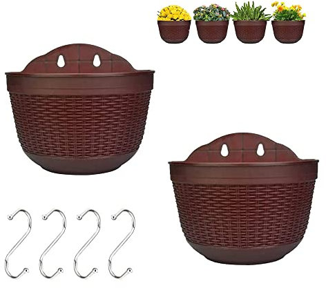 XYJJ 2 Pezzi Fioriere Sospese, Fioriere da Parete per Recinzione, Fioriera in Plastica da Parete, Vaso Fiori Sospeso Drenaggio, per la Coltivazione e la Decorazione Delle Piante, Colore Caffè Scuro