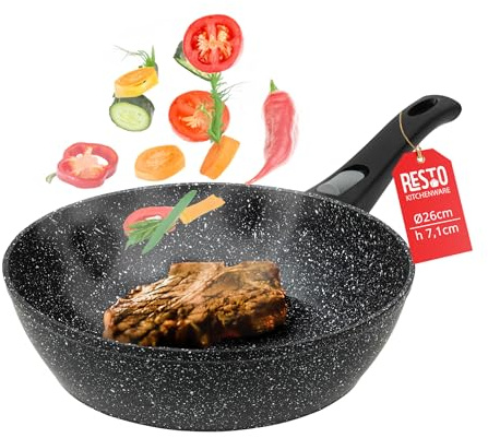 RESTO 93041 Bratpfanne 26 cm tiefe Pfanne - Wokpfanne mit vierschichtiger Marmor-Antihaftbeschichtung - abnehmbarer Griff - für alle Herdarten geeignet, auch Induktion (h=7,1 cm)