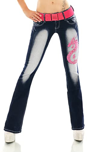 Bootcut damjeans, byxor, utsvängda jeans, olika broderier, tatuering, drake, bukett, bokstäver inklusive bälte, XS–XXL, 42 SE
