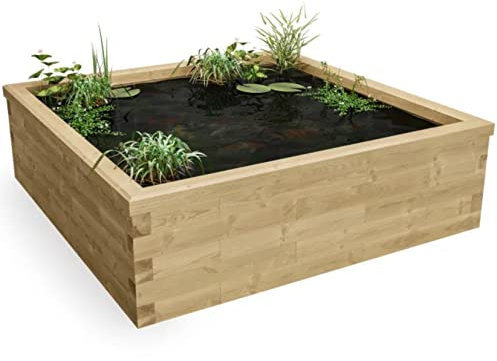WoodBlocX Raised Pond Kit, Square Wooden Garden Pond, For Fish, Plants & Other Wildlife. Outdoor Water Features For The Garden- Easy To Install & No Power Tools Needed -(1.875 x 1.875 x 0.45m)