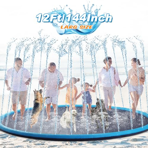 Lewtemi 12 ft Extra Large Non Slip Splash Pad 144 for Adult and Dog Giant Thicken Sprinkler Pool Summer Outdoor Fun Backyard Fountain Mat for Pet Dog(Classic Style)