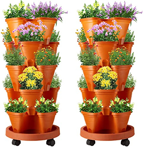 Umigy Juego de 2 macetas apilables de 5 niveles con ruedas móviles y platillo inferior, maceta vertical de jardinería para cultivar flores, hierbas, fresas, verduras, suculentas (terracota)