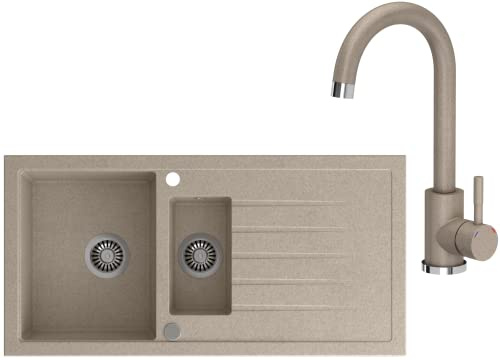 VBChome Spülbecken mit Armatur 100 x 50 cm Einzelbecken Beige Granit Rechteckig Reversibel Einbauspüle Gesprenkelt Großes Tiefes Becken Siphon Armatur