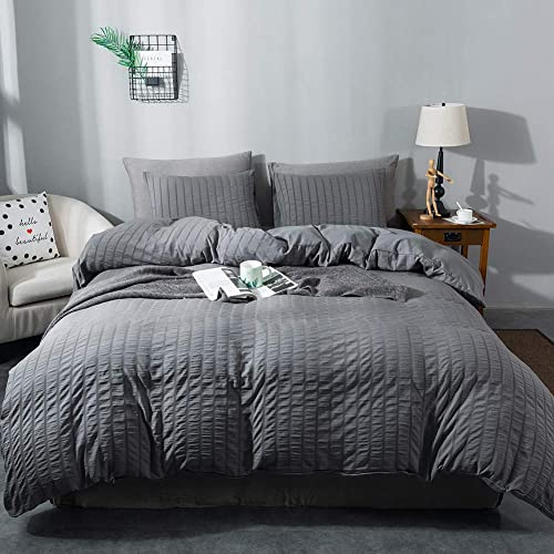 Boqingzhu Seersucker Bettwäsche Grau 220x240cm Sommer Atmungsaktiv Kühlende Wende Bettwäsche Set Bettbezug 220x240cm und 2 Kissenbezüge 80x80cm mit Reißverschluss