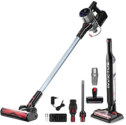 Genius Invictus X9 Facelift Staubsauger Kabellos 19-TLG., Nass- und Trocken, Akku Staubsauger bis zu 55 Min Laufzeit Teppich Tierharre Auto Hartböden, HEPA Filter, LED, Stielstaubsauger Touchscreen