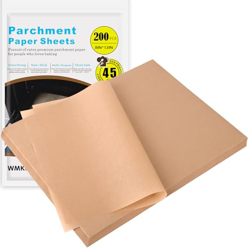 WMKGG 200 Stück ungebleichtes Backpapier, Backtrennpapier zum Backen, 20,3 x 30,5 cm, vorgeschnittenes, strapazierfähiges Pergamentpapier zum Kochen, Grillen, Luftfritteuse und Ofen