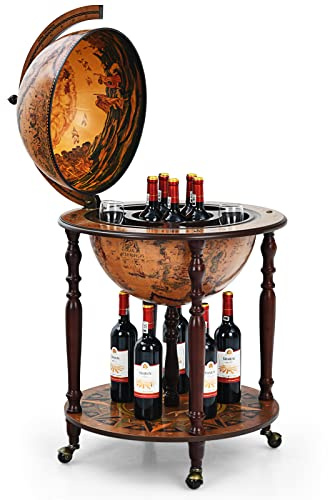 KOMFOTTEU Globus Bar Barwagen, Minibar mit Rollen, Weinregal mit Klassischem Design, Cocktailbar Barschrank Hausbar für Wein, Getränke (Braun, 60,5X 60,5x95,5cm) | Flaschenhalter mit 2 Ebenen, Barwagen aus Holz, Minibar für Getränke, für Restaurant, Party