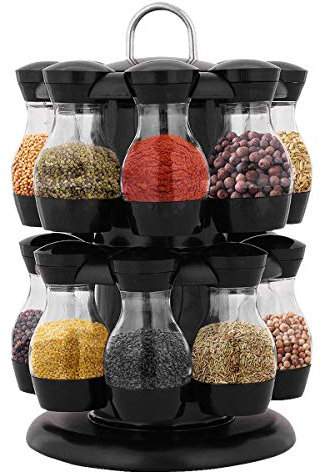 TMXKOOK 2-Tier Revolving Spice Rack with 16 Jars - Stylish Countertop Carousel Stand for Organizing Kitchen Herbs and Spices - Free Standing Round Holder