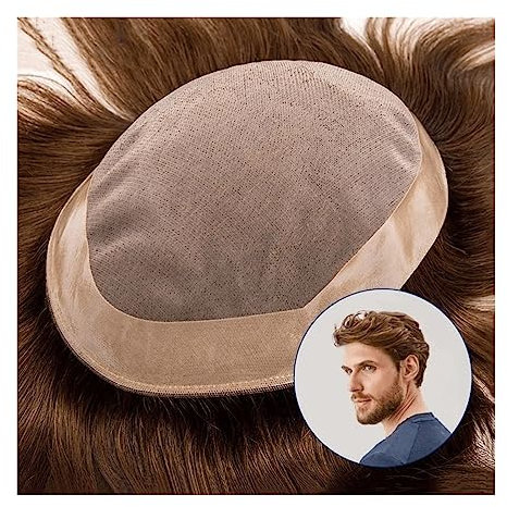 Männer Perücke 6 glattes Echthaarsystem, feines Mono-Oberteil und PU-Umfang, Herren-Toupet, 120% Dichte, 4# braune Farbe, atmungsaktive Herrenhaarprothese, Herrenperücke Perücke Mann (Color : Strai