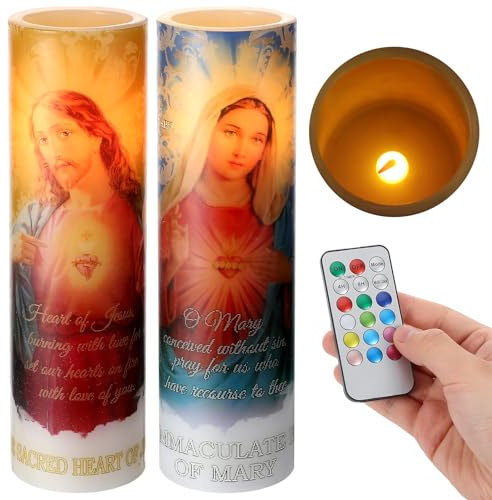Landhoow 2 Pcs Jesus Candles Religious Flameless LED Prayer Candle Real Wax Baptism Candle Set Immaculate Heart of Mary and Sacred Heart of Jesus Battery Operated with Remote Control