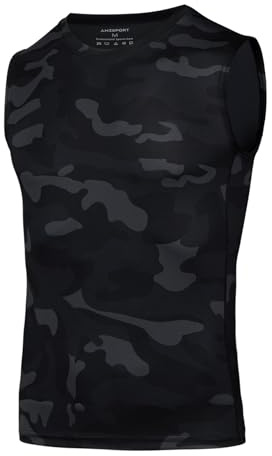AMZSPORT Camiseta de compresión sin Mangas para Hombre Deportes de Secado Rápido Baselayer Funcionamiento Tirantes Camuflaje Negro S