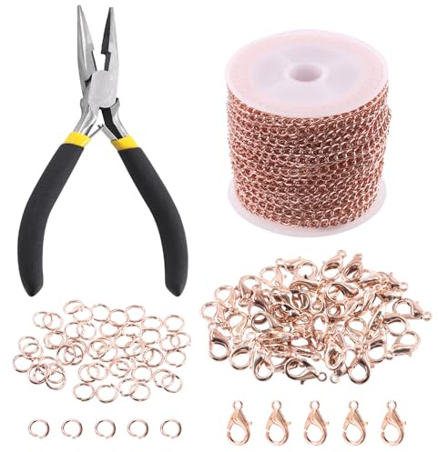 Keadic 102Pcs 30 Feet Jewelry Making Chains Kit W 3mm Metal Necklace Twisted Links Chain, Lobster Clasps, Open Jump Rings and Jewelry Pliers for Bracelet Earring Anklet DIY (Rose Gold)