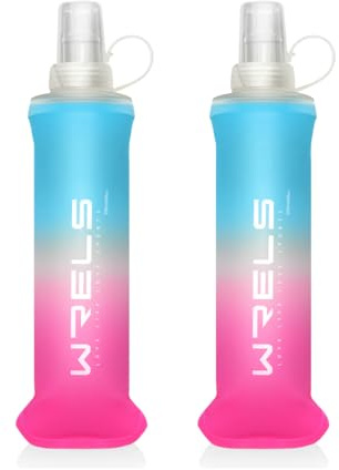 WRELS Bouteille souple pliable en TPU, réutilisable, bouteille d'eau souple pour sac d'hydratation, bouteille d'eau pliable sans BPA pour course à pied, cyclisme, escalade (bleu clair et rose, 250 ml
