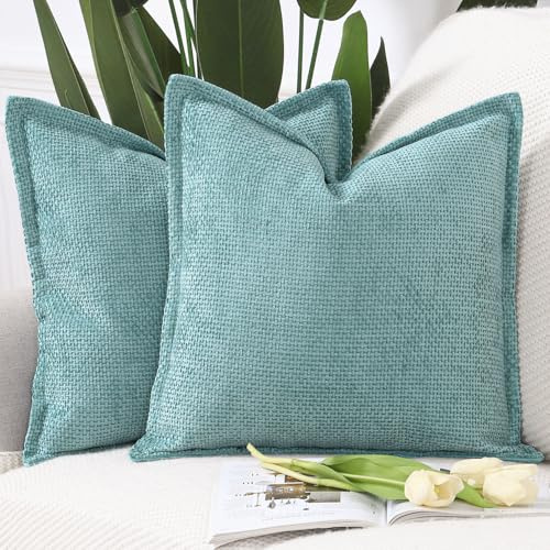 Madizz 2er Set Chenille Samt mit Rand Kissenbezüge Weiche Dekorativ Zierkissenbezüge Modern Kissenhülle für Sofa Wohnzimmer Schlafzimmer Türkis 40x40 cm