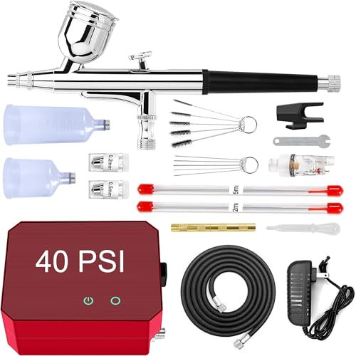 Omeyo Airbrush Kit with Air Compressor, 48 PSI High Pressure Air Brush Non-Clogging with 0.2/0.3/0.5mm Nozzle/Cleaning Sets, Ideal for Painting, Modeling, Cake Decor, Pastry, Makeup, Nail Art Red.