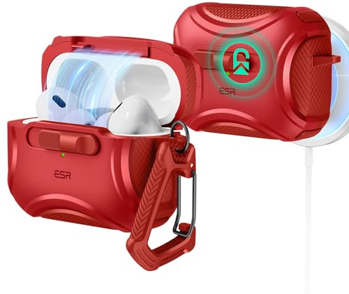 ESR für AirPods Pro 2 Hülle, kompatibel mit AirPods Pro 2./1. Generation (2023/2022/2019), USB-C/Lightning Kabel, MagSafe bereit, sicherer Verschluss, einfaches Öffnen, Cyber-Serie, Rot