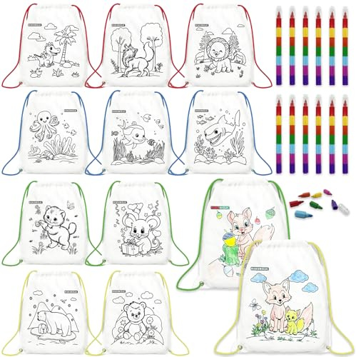 HahaMagic 12 PCS Colorable Drawstring Backpack for kids with 12 stackable crayons (7 Colors Each), Perfect for return gifts, birthday goodie bags and art party favor bags for kids