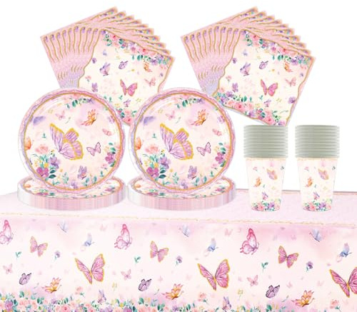 Fuwraixis Vajilla para fiesta de Mariposa rosa, 61 piezas Serie de insecto Vajilla de cumpleaños infantile, Tema de los Flores Juego de platos de papel para fiesta, Incluye vasos, servilleta y mantele