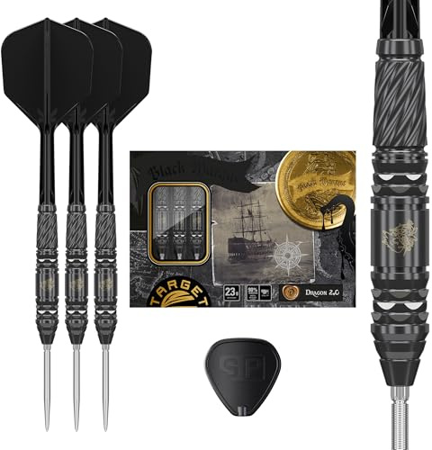 Target Japan Black Marque Dragon G2 90% Tungsten K-Flex Swiss Point Steeldarts Set, 23G | KFlex Dart Flight, Swiss Nano Points, Schwarz & Silber Steeldarts Spitzen mit K Flex integrierten Schäften