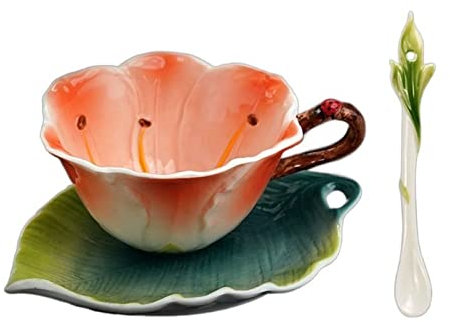 FAJNUZI2024 Tazze Tazze in Ceramica Colorata Smaltata squisita con Tazze, Piatti, cucchiai e Tazze da caffè Creative pastorali a Forma di Fiore Tazzine caffè
