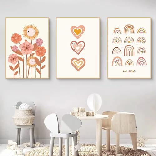 Herfair Bilder Kinderzimmer Poster 3er Set Regenbogen Blumen Liebe Kinderposter Aesthetic Babyzimmer Deko Leinwandbilder Boho Wandbilder Ohne Rahmen (50×70 cm)