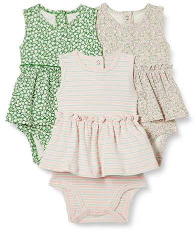 Amazon Essentials Abiti con Body Senza Maniche Bimba, Pacco da 3, Righe/Verde Salvia Motivo Floreale Piccolo, 3-6 mesi