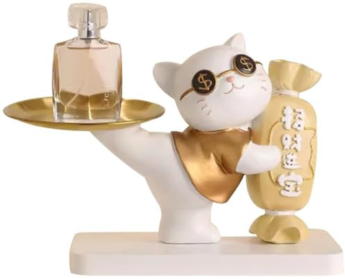 Skulptur Mit Tablett Kleine Kreative Süßigkeitenkatze Statuentablett, Speichern Sie Desktop-Harz-Parfüm-Aufbewahrungsregal, Kunstornamente, Einweihungsgeschenk(Gold)