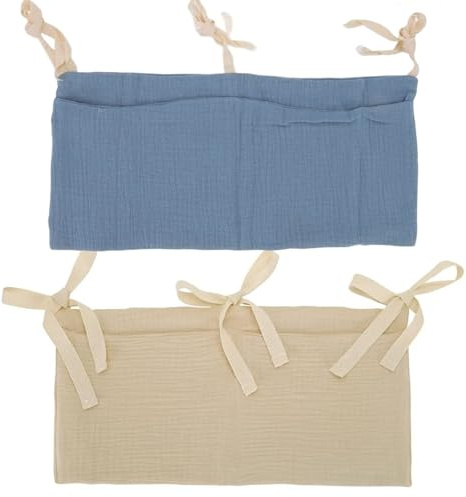 Gebrazy Babybett Organizer Hängend, 2 Stücke Baby Kinderbett Organizer,Kinderzimmer Hängender Bett Organizer mit 2 Taschen,Betttasche Spielzeugtasche,für Kinderbett Organizer (khaki-Blue)