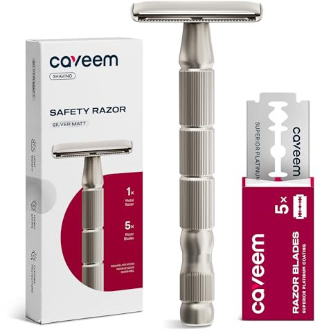 CAVEEM Maquinilla de afeitar de seguridad de doble filo, maquinillas de afeitar de una sola hoja con 5 hojas de acero inoxidable para hombres y mujeres, Plata mate