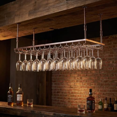 120CM Soporte para Copa de Vino Colgante de Metal, de Estilo Industrial y altura Ajustable, para Montar en el Techo Colgando Estante del Vidrio de Vino Bar Escritorio Bar Club (Bronce, 120*40CM)