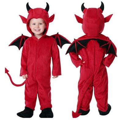 Costume de Petit Diable Bébé - Inclut Ailes, Cagoule, Queue et Combinaison - Costumes de Cosplay pour Halloween et Fêtes Costumées - Idéal pour Enfants
