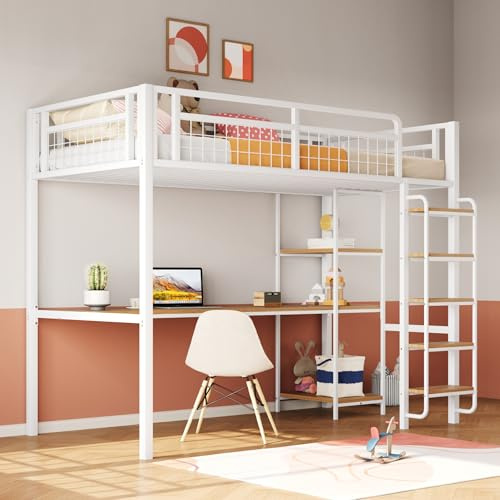 Zravenna Metallbett Hochbett 90x200 mit Großer Schreibtisch und Regalen, Sicherheitsleiter mit Treppenstufen, Kinderbett mit Metallgitter-Sicherheitszaun, Einzelbett Eisenbett (Weiß)