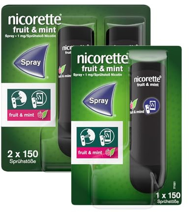 NICORETTE Spray mit minzigem Fruchtgeschmack – Rauchen aufhören mit Nikotinspray – 1 Spray ersetzt bis zu 150 Zigaretten – zur Raucherentwöhnung 1 Stk. + 2 Stk.