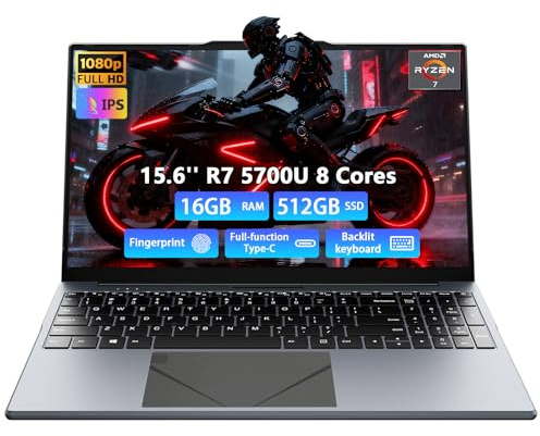 Breloom Light-Gaming Laptop, 8 Cores AMD Ryzen 7 5700U 16GB DDR4 RAM 512GB SSD GPU AMD Radeon Vega 8 IPS Computer with Backlit Keyboard Fingerprint, Win 11 PRO (Deep Grey, 5700U, 16GB+512GB)